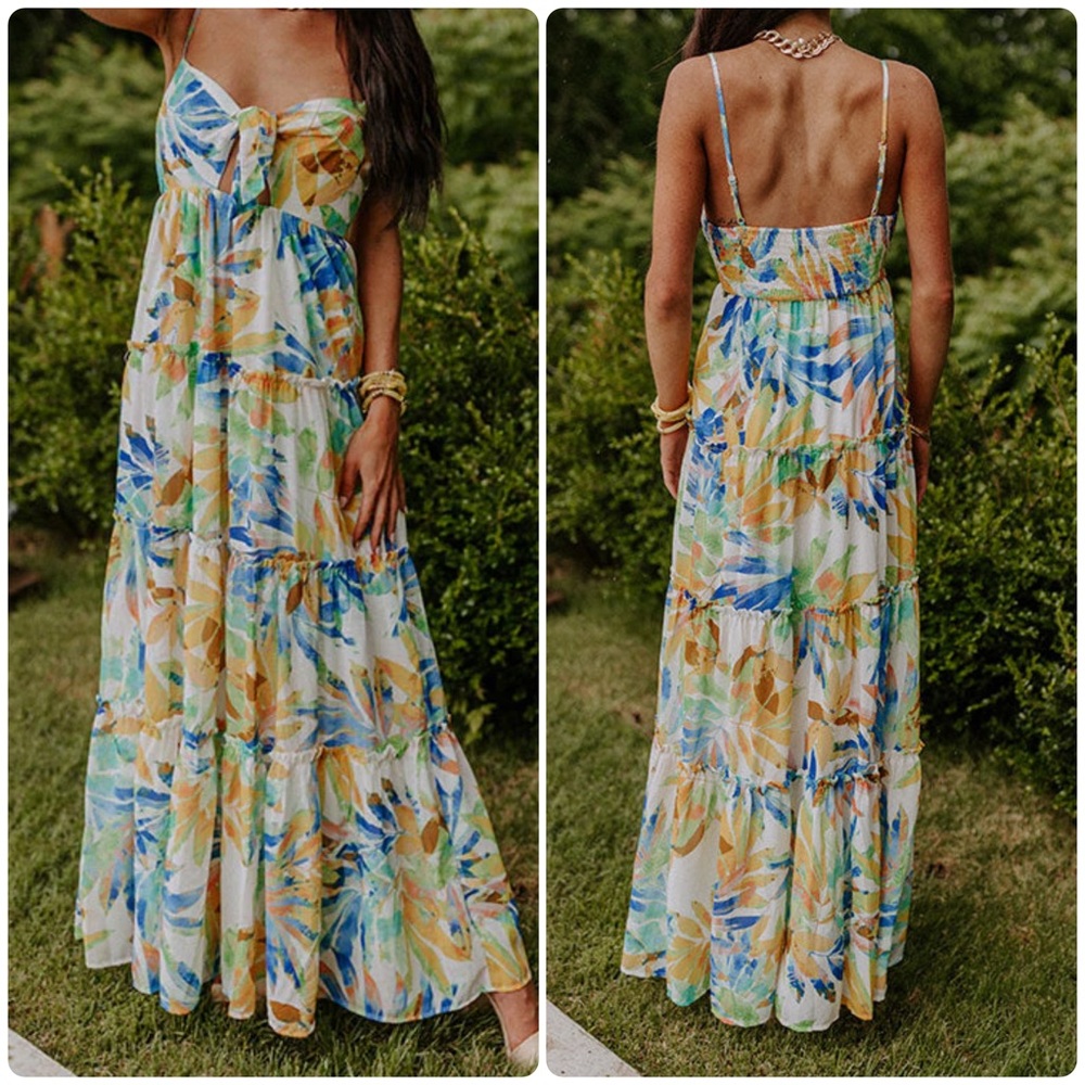 Flying Tomato Sleeveless Tropical Floral Print Tiered Ruffle Maxi Dress